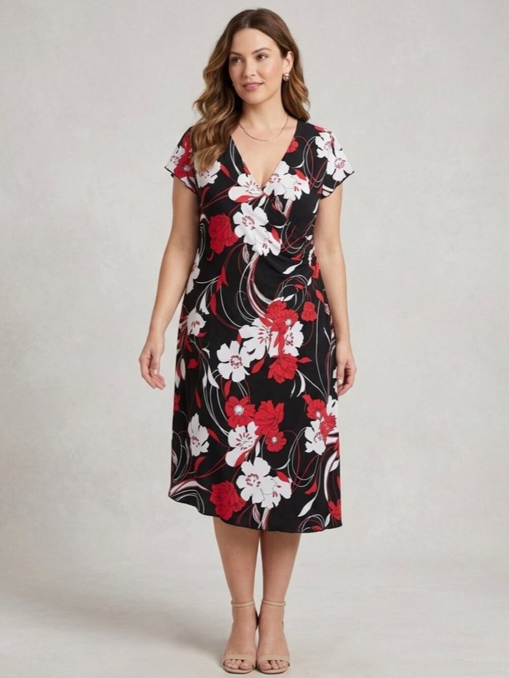 New Directions Woman Floral Faux Wrap Asymmetrical Dress Black Red White 1X